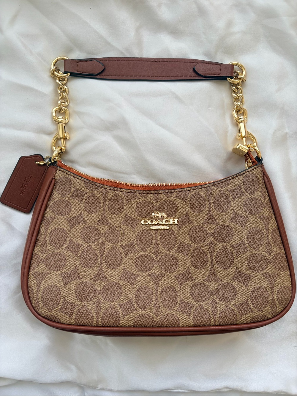 Coach Tan/Brown Signature Canvas Shoulder Bag with Gold chain
